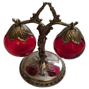 Vintage Red Glass Apple Salt and Pepper Shakers Set Silver Tone Japan Kitsch